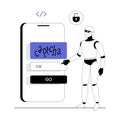 Bypass captcha, Anti captcha, Solving service. Robot enters captcha on the phone screen. Vector illustration