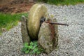 Old vintage grindstone with green flowers in front