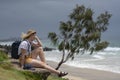 Byron Bay Main Beach Caucasian Tourist Serene Thinking and Admiring the View, New South Wales Australia. Royalty Free Stock Photo