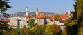 Bystrzyca Klodzka, view from the city park on the city center with the town hall and church tower. Autumn landscape in the morning Royalty Free Stock Photo
