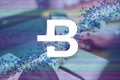 Bytecoin, BCN cryptocurrency sign. Business person, trader, investor, analyst using mobile phone app analytics to analyze