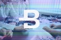Bytecoin, BCN cryptocurrency sign. The concept of business, cryptocurrency and finance - a team of businessmen are sitting in an