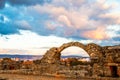 The Byzantine Saranta Kolones, Forty columns castle, ruined archs in a sunset time, Kato Paphos, Cyprus Royalty Free Stock Photo