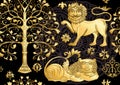 Byzantine traditional historical motifs of animals, birds, flowers and plants.