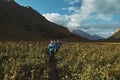 Bzerpinskiy Karniz, a group of hikers walking down a mountain trail Royalty Free Stock Photo