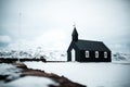 BÃÂºÃÂ°akirkja, SnÃÂ¦fellsnes Peninsula, Iceland, Black church surrounded by snow, frozen nature