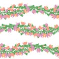 Garland flower seamless pattern background and borders. Hand drawn purple and pink heather flowers background.