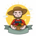 Famer with fruit and vegetable basket cartoon label logo doodle style Royalty Free Stock Photo