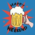 Happy weekend beer glass cheers in hand cartoon  illustration Royalty Free Stock Photo