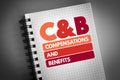C&B - Compensations & Benefits acronym on notepad, business concept background