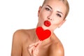 C Beautiful woman bright makeup and red heart