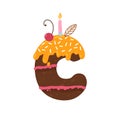 C - Birthday cake with icing, candy sprinkles. Biscuit with cream carved in the shape of the English letter. Vector