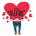 Man hugging big heart happy valentine`s day cartoon illustration Royalty Free Stock Photo