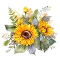 Beautiful bouquet of large flowers and sunflower leaves, watercolor illustration Royalty Free Stock Photo