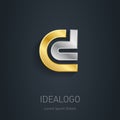 C and D initial, silver and gold logo. Metallic 3d icon or logotype template. Vector design element.