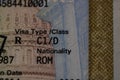 C1/D US visa on passport, fragment of Stamp C1/A USA Seafarer`s Visa