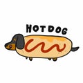 Dachshund dog in hotdog cartoon logo illustration doodle style