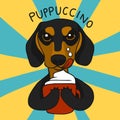 Puppuccino coffee cup in dachshund hand with whipping cream on cheek cartoon vector illustration Royalty Free Stock Photo