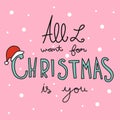 All I want for Christmas is you word and red santa hat illustration Royalty Free Stock Photo