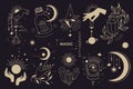 Big set of magic and astrological symbols. Mystical signs, silhouettes, zodiac signs, tarot cards. Vector illustration.