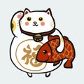 Cute fat white lucky cat with red fish and Japanese word mean lucky cartoon