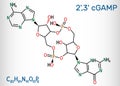 C-GMP-AMP, 2`,3` cGAMP, cyclic guanosine monophosphate-adenosine monophosphate molecule. Structural chemical formula