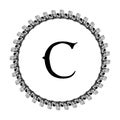 C letter in circle frame in floral ornament style on black color and white background