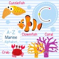 Letter C tracing. Crab. Coral. Clownfish. Cuttlefish. Marine alphabet