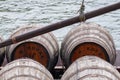 C.N. Kopke Porto wine barrels on a boat on the Douro river. Wooden cask, water background Royalty Free Stock Photo