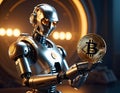 C3PO, a fictional character, holds a collectable Bitcoin in its metal hands