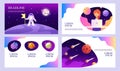 Space Background. A Girl Looks At A Laptop. Flying Rockets, Planets And Stars. Information Table.