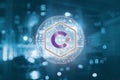 C Sharp sign and server room background. c# programming concept