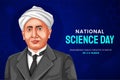 C. V. Raman was an Indian physicist. Indian National Science Day celebration, banner with lab equipment background template