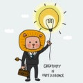 Lion wear business costume holding lightbulb balloon with creativity is intelligence word, Business concept cartoon vector Royalty Free Stock Photo