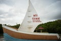 Ca Mau, Vietnam - Dec 6, 2016: Milestone Southernmost point with boat-shaped monument with sails seaward territorial claims in the Royalty Free Stock Photo