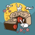 Mooncake festival, rabbits play on moon cake and full moon cartoon illustration