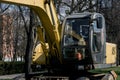 Cab of a bulldozer at a construction site