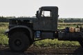 The cab of a retro dump truck close-up