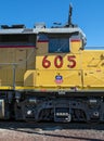 Oakridge, Oregon, USA - May 14, 2023: The cab of Union Pacific locomotive 605 waiting at the rail yard