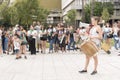 Argentina, women`s day 2020. Young woman with a drum and a megaphone