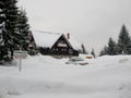 Cabana covered and car covered with snow