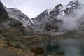 Cabana de laguna Cancaraga located on Ruta 107 on the way to Tunel Punta Olimpica with Cordillera Blanca snow capped mountain