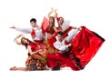 Cabaret dancer team dancing. Isolated on white background in full length. Royalty Free Stock Photo