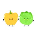 Cabbage and bell pepper card. Vector hand drawn doodle style cartoon character illustration icon design. Happy Cabbage