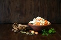 Cabbage and carrot fresh salad, vegan salad - tasty and delicious homemade food on a rustic wooden background, vitamin coctail Royalty Free Stock Photo