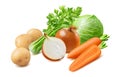Cabbage, carrot, onion, potato, celery isolated on white background