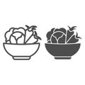 Cabbage and carrots in a plate line and solid icon. Healthy vegetables in bowl outline style pictogram on white