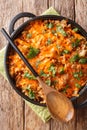 Cabbage casserole with ground beef, onions and cheddar cheese close-up in a pan. Vertical top view Royalty Free Stock Photo