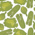 Cabbage, celery, artichoke, colorful seamless pattern. Decorative background, vegeatbles. Food