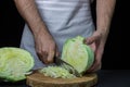 Cabbage on a dark background. Shred cabbage chef on black background.